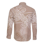 Aotearoa Maori Koru Curves Long Sleeve Button Shirt Silver Ferns - Mocha