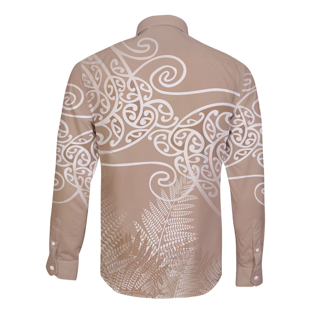 Aotearoa Maori Koru Curves Long Sleeve Button Shirt Silver Ferns - Mocha