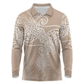Aotearoa Maori Koru Curves Long Sleeve Polo Shirt Silver Ferns - Mocha