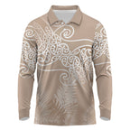 Aotearoa Maori Koru Curves Long Sleeve Polo Shirt Silver Ferns - Mocha