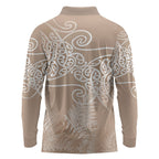 Aotearoa Maori Koru Curves Long Sleeve Polo Shirt Silver Ferns - Mocha