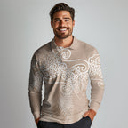 Aotearoa Maori Koru Curves Long Sleeve Polo Shirt Silver Ferns - Mocha