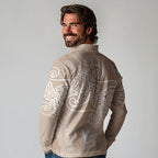 Aotearoa Maori Koru Curves Long Sleeve Polo Shirt Silver Ferns - Mocha