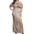 Aotearoa Maori Koru Curves Off Shoulder Maxi Dress Silver Ferns - Mocha