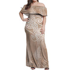 Aotearoa Maori Koru Curves Off Shoulder Maxi Dress Silver Ferns - Mocha