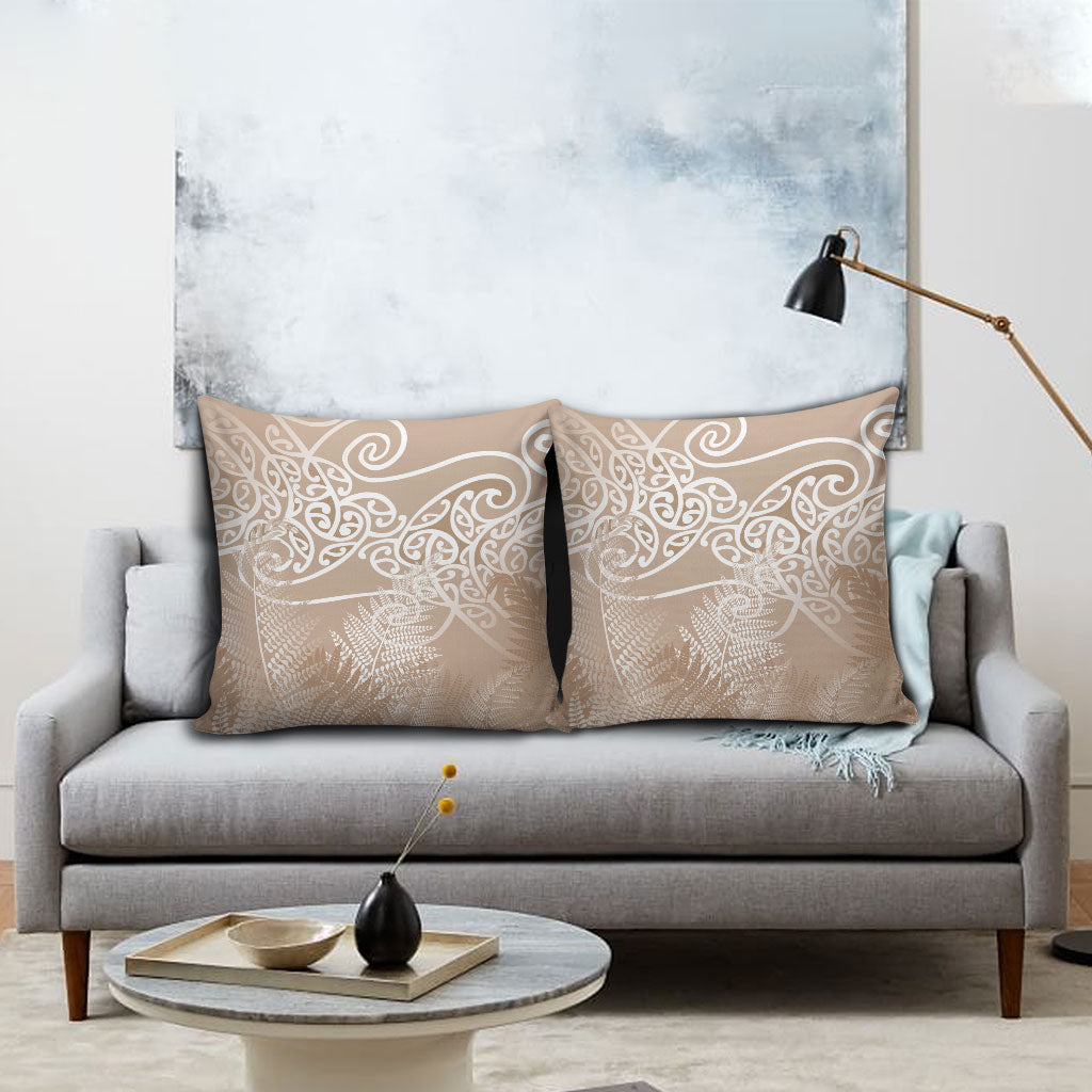 Aotearoa Maori Koru Curves Pillow Cover Silver Ferns - Mocha
