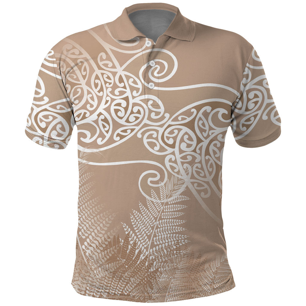 Aotearoa Maori Koru Curves Polo Shirt Silver Ferns - Mocha