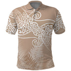 Aotearoa Maori Koru Curves Polo Shirt Silver Ferns - Mocha