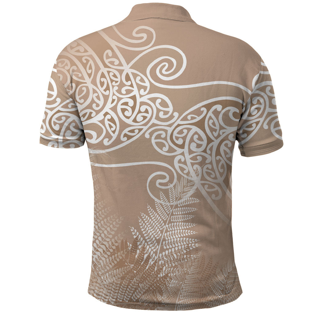 Aotearoa Maori Koru Curves Polo Shirt Silver Ferns - Mocha
