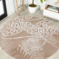 Aotearoa Maori Koru Curves Round Carpet Silver Ferns - Mocha