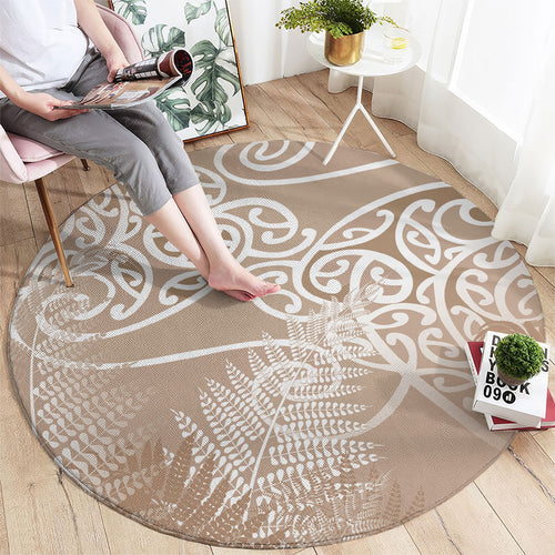 Aotearoa Maori Koru Curves Round Carpet Silver Ferns - Mocha