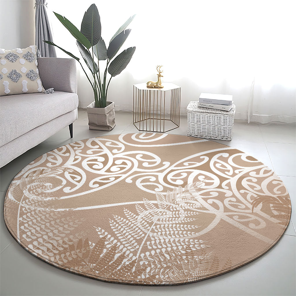 Aotearoa Maori Koru Curves Round Carpet Silver Ferns - Mocha