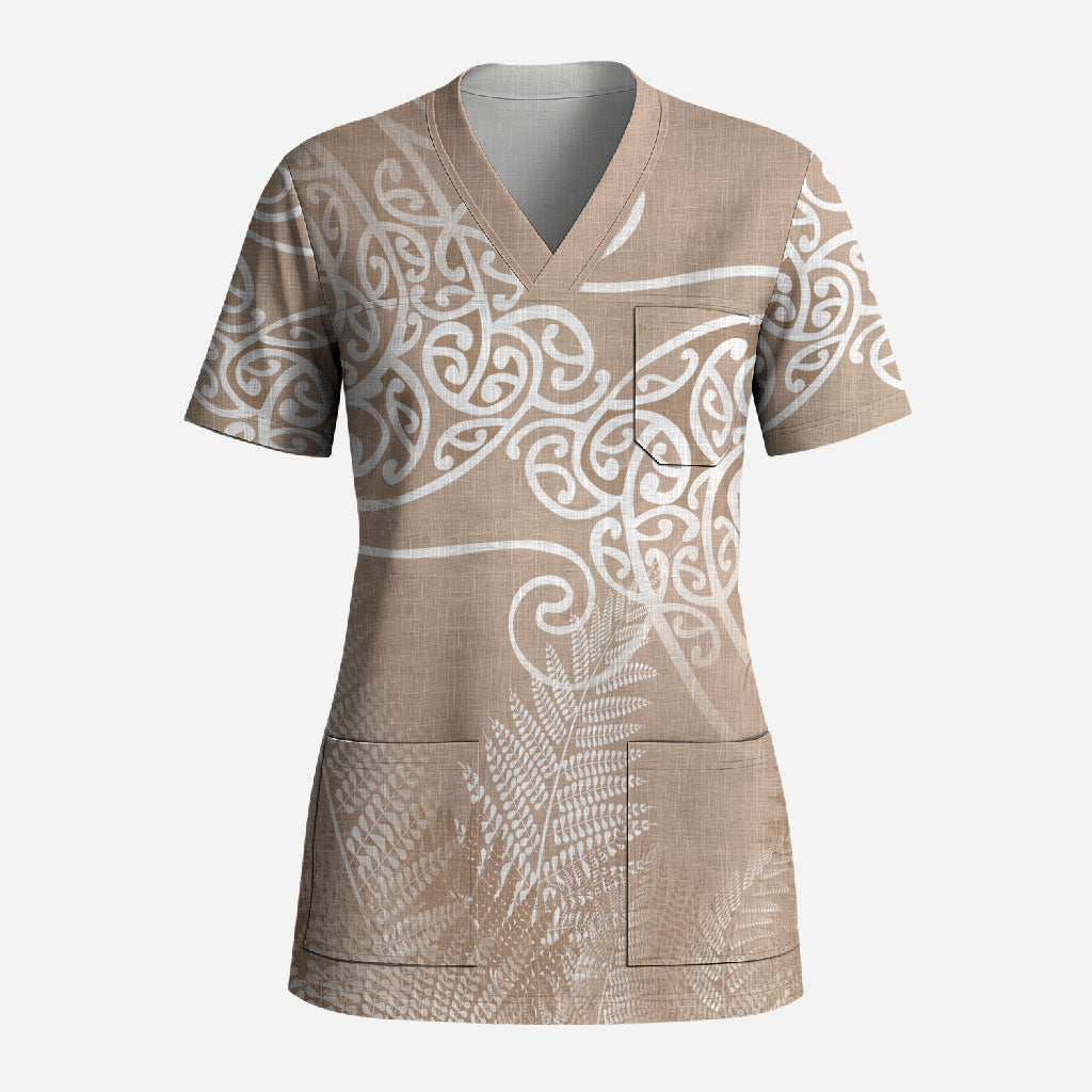 Aotearoa Maori Koru Curves Scrub Top Silver Ferns - Mocha
