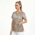 Aotearoa Maori Koru Curves Scrub Top Silver Ferns - Mocha