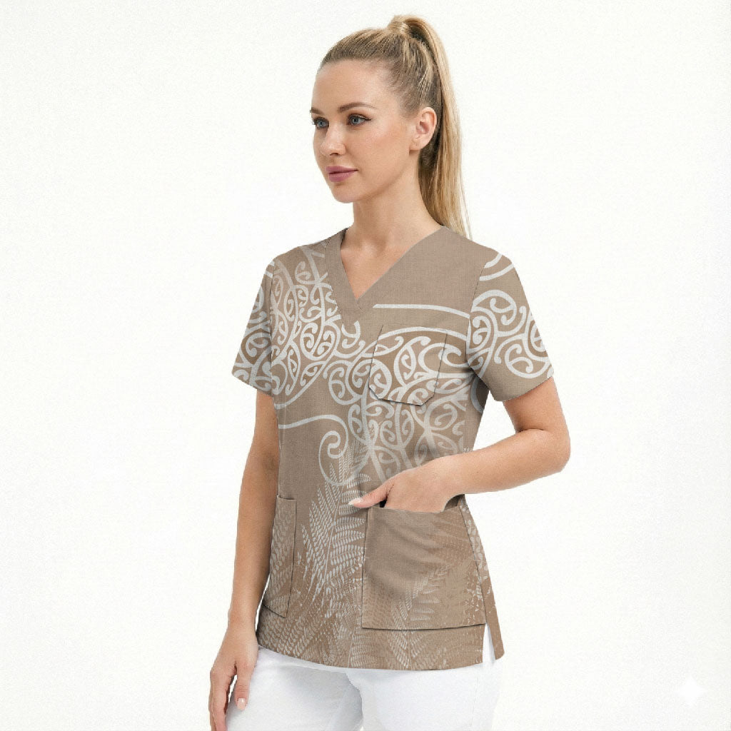 Aotearoa Maori Koru Curves Scrub Top Silver Ferns - Mocha