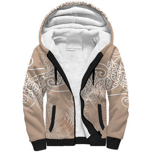 Aotearoa Maori Koru Curves Sherpa Hoodie Silver Ferns - Mocha