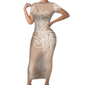 Aotearoa Maori Koru Curves Short Sleeve Bodycon Dress Silver Ferns - Mocha