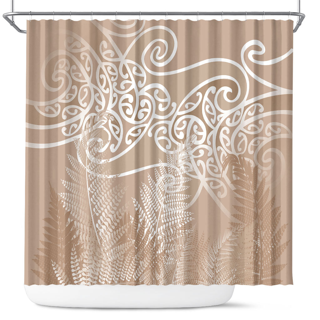 Aotearoa Maori Koru Curves Shower Curtain Silver Ferns - Mocha