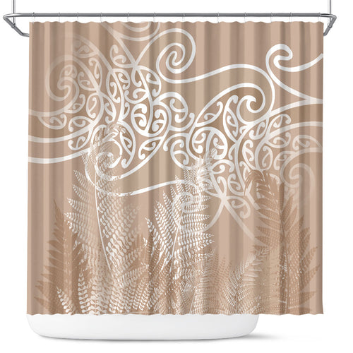 Aotearoa Maori Koru Curves Shower Curtain Silver Ferns - Mocha