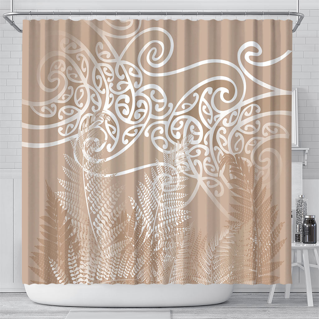Aotearoa Maori Koru Curves Shower Curtain Silver Ferns - Mocha