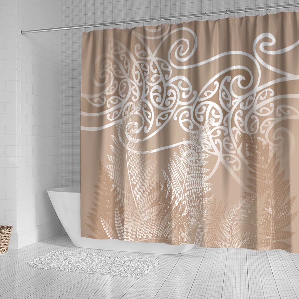 Aotearoa Maori Koru Curves Shower Curtain Silver Ferns - Mocha