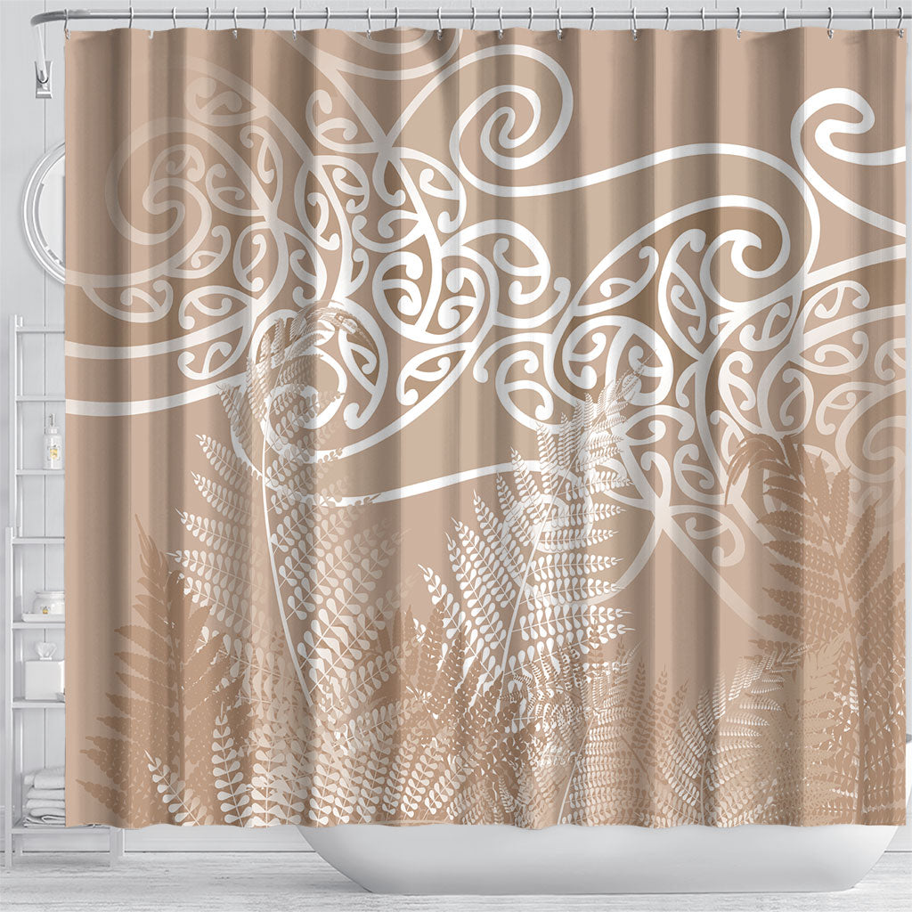 Aotearoa Maori Koru Curves Shower Curtain Silver Ferns - Mocha