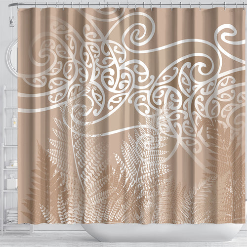 Aotearoa Maori Koru Curves Shower Curtain Silver Ferns - Mocha