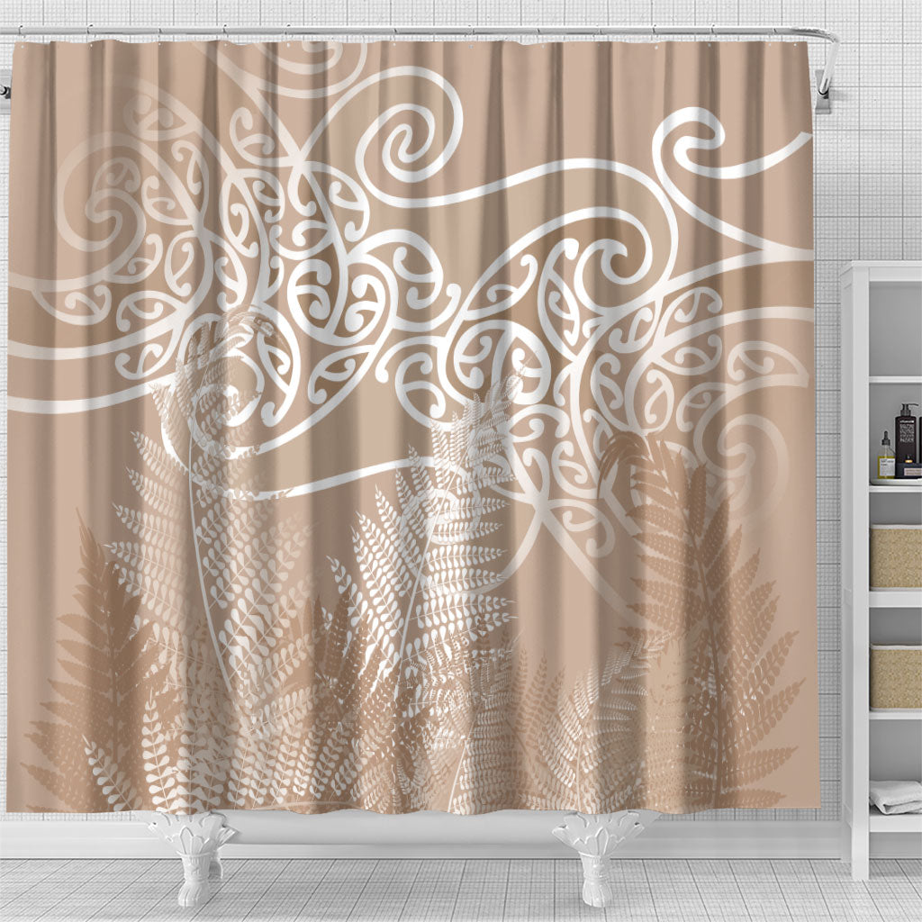 Aotearoa Maori Koru Curves Shower Curtain Silver Ferns - Mocha