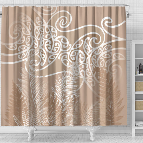Aotearoa Maori Koru Curves Shower Curtain Silver Ferns - Mocha