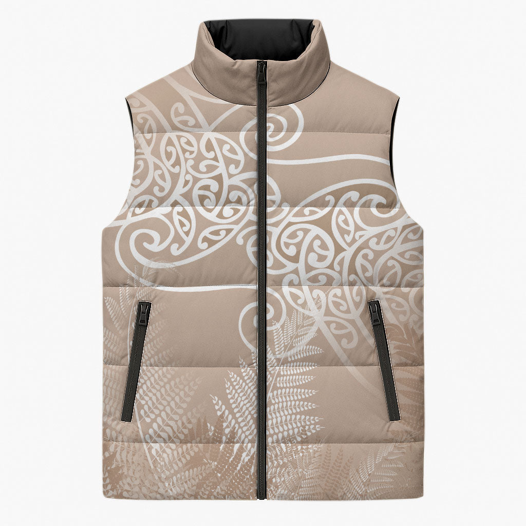 Aotearoa Maori Koru Curves Sleeveless Puffer Jacket Silver Ferns - Mocha