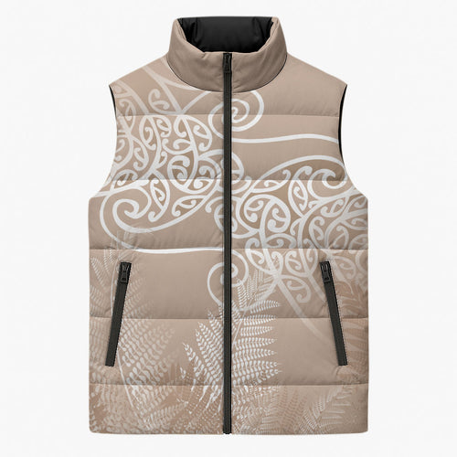 Aotearoa Maori Koru Curves Sleeveless Puffer Jacket Silver Ferns - Mocha