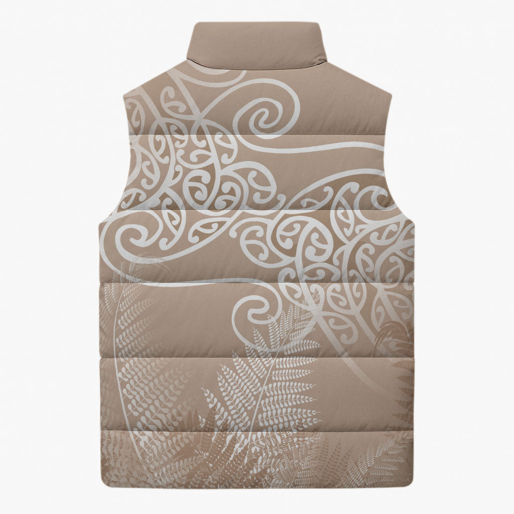 Aotearoa Maori Koru Curves Sleeveless Puffer Jacket Silver Ferns - Mocha