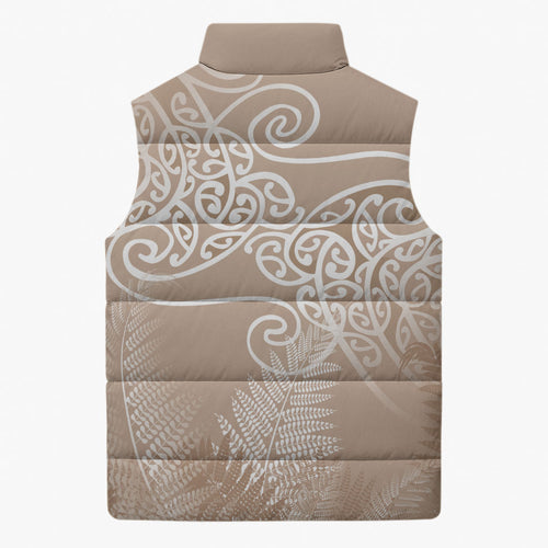 Aotearoa Maori Koru Curves Sleeveless Puffer Jacket Silver Ferns - Mocha