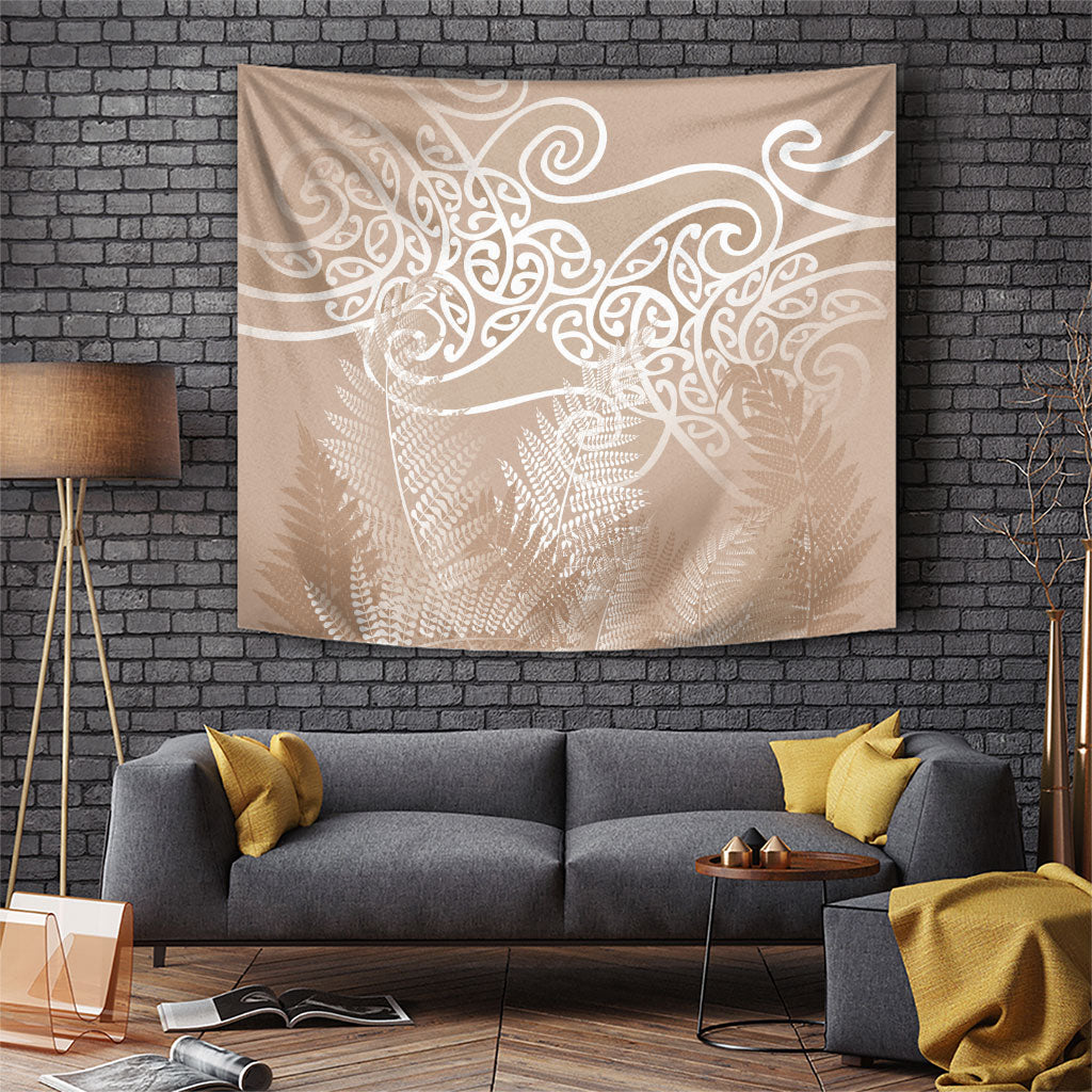 Aotearoa Maori Koru Curves Tapestry Silver Ferns - Mocha