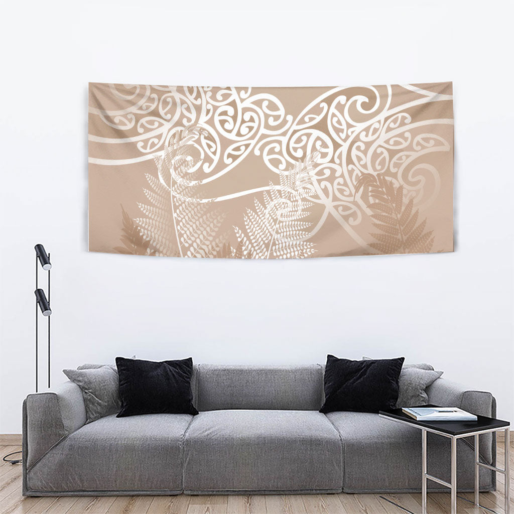 Aotearoa Maori Koru Curves Tapestry Silver Ferns - Mocha