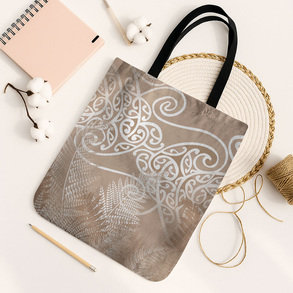 Aotearoa Maori Koru Curves Tote Bag Silver Ferns - Mocha