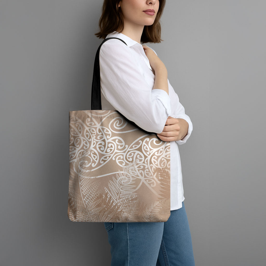 Aotearoa Maori Koru Curves Tote Bag Silver Ferns - Mocha