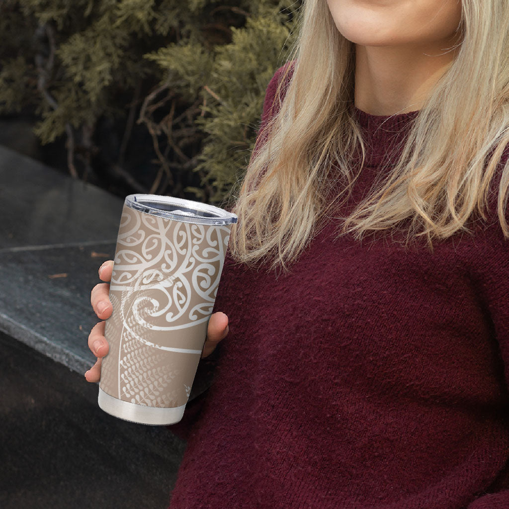 Aotearoa Maori Koru Curves Tumbler Cup Silver Ferns - Mocha
