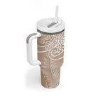 Aotearoa Maori Koru Curves Tumbler With Handle Silver Ferns - Mocha