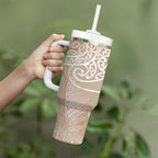 Aotearoa Maori Koru Curves Tumbler With Handle Silver Ferns - Mocha