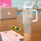 Aotearoa Maori Koru Curves Tumbler With Handle Silver Ferns - Mocha
