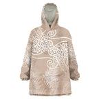 Aotearoa Maori Koru Curves Wearable Blanket Hoodie Silver Ferns - Mocha