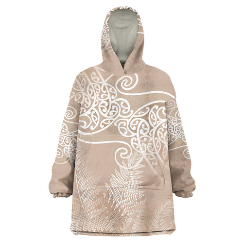 Aotearoa Maori Koru Curves Wearable Blanket Hoodie Silver Ferns - Mocha
