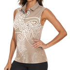 Aotearoa Maori Koru Curves Women Sleeveless Polo Shirt Silver Ferns - Mocha
