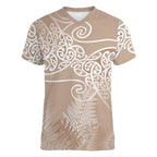 Aotearoa Maori Koru Curves Women V-Neck T-Shirt Silver Ferns - Mocha