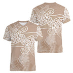 Aotearoa Maori Koru Curves Women V-Neck T-Shirt Silver Ferns - Mocha