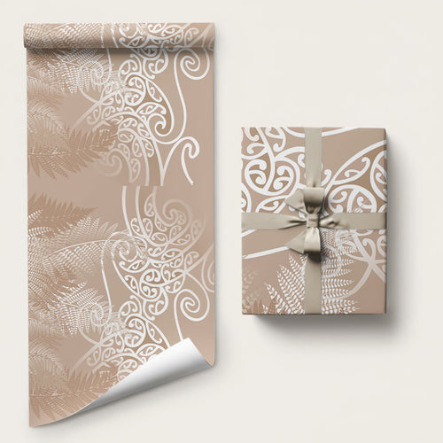 Aotearoa Maori Koru Curves Wrapping Paper Silver Ferns - Mocha