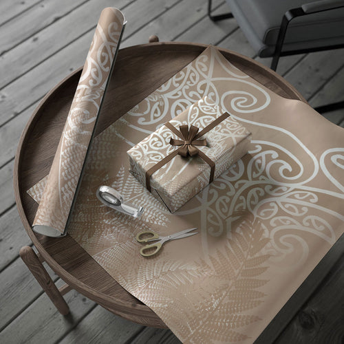 Aotearoa Maori Koru Curves Wrapping Paper Silver Ferns - Mocha