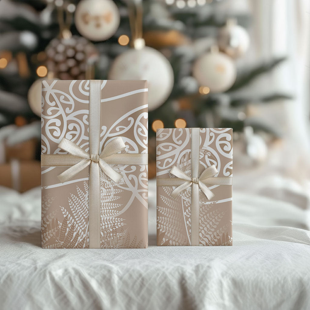 Aotearoa Maori Koru Curves Wrapping Paper Silver Ferns - Mocha