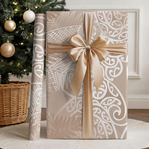 Aotearoa Maori Koru Curves Wrapping Paper Silver Ferns - Mocha